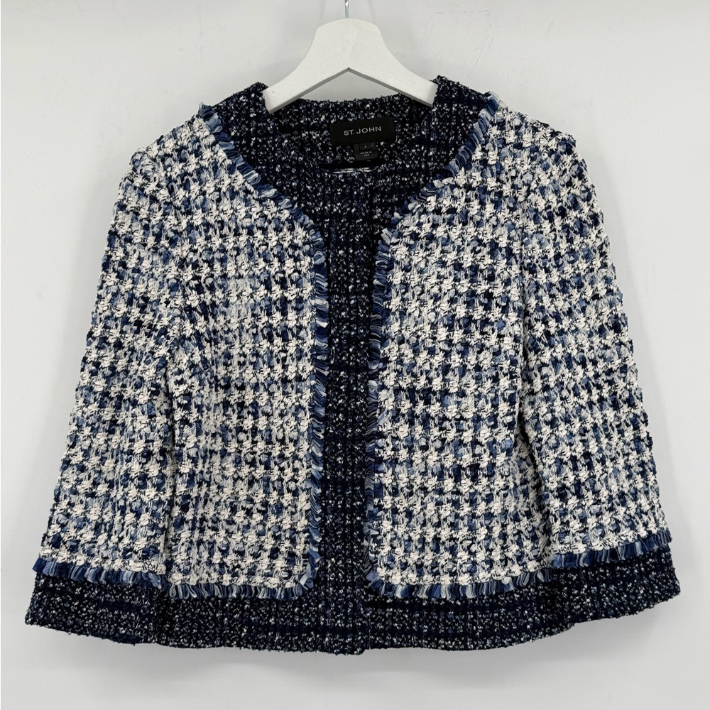St. John Midnight Blue & White Tweed Fringe Cropped Jacket